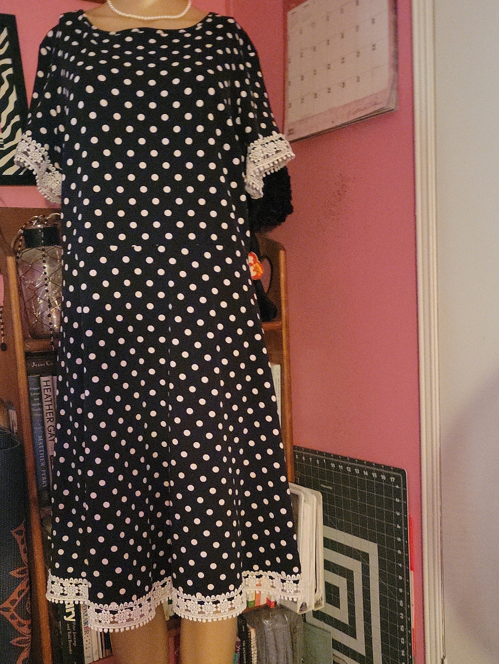 Dorothy Perkins Black Polka Dot  Midi Dress with White Crochet Trim